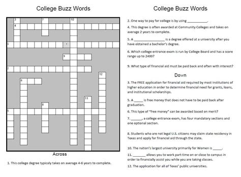 College Buzz Words Crossword Puzzle Full Page That Can Be Folded