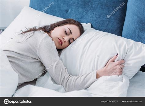 Beautiful Tired Woman Hugging Pillow Sleeping Bed Home Stock Photo By