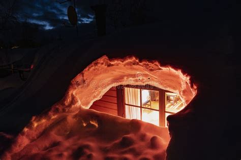 Mountain Cabin Fully Buried Under Snow Night Photo With Green Aurora