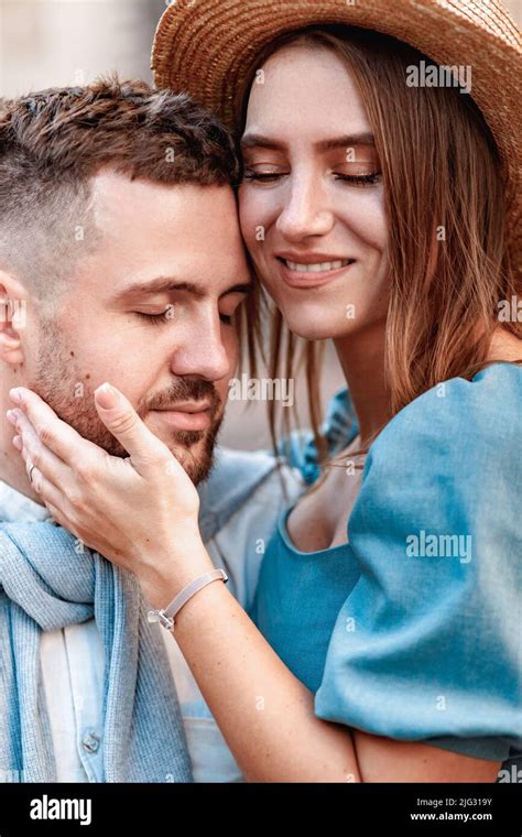 Romantic Young Couple In Love Hugging On The Street Stock Photo Alamy