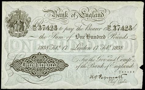 Bank Of England 100 Pound White Note 1938 Peppiattworld Banknotes