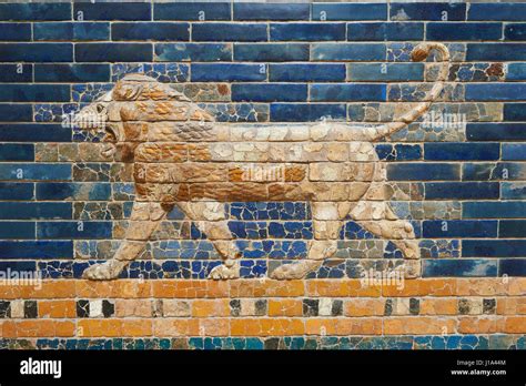 Coloured Glazed Brick Panels Depicting Lions Stiding From The Facade Of