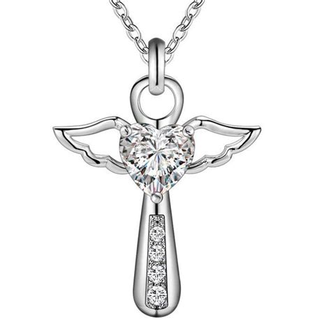 Angel Cross Heart Pendant Necklace 2 Colors Crystal Necklace