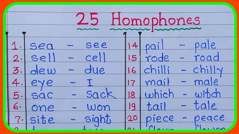 Homophones 25 Homophones Homophones Words 25 Homophones In English