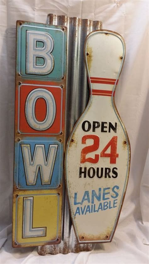 Large Vintage Bowling Alley Metal Sign Bowl Open 24 Hours Lanes