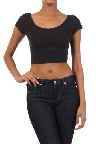 Solid Plain Scoop Neck Short Sleeve Basic Cropped Belly Tee Shirts Top
