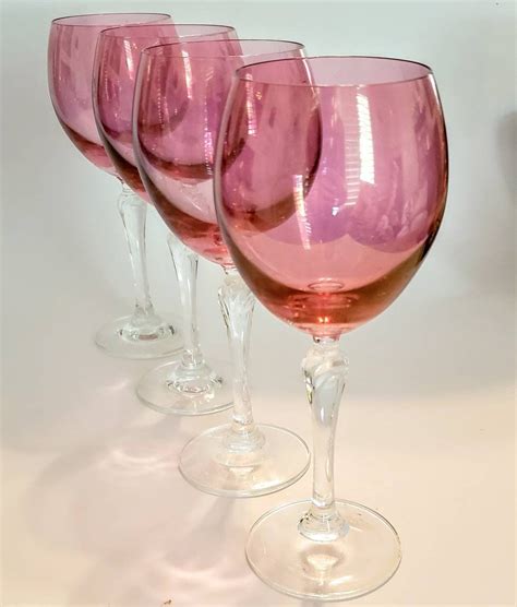 Vintage Colony Crystal Bijoux Ruby Iridescent Wine Glasses Set Of Four Vintage Pink Glassware
