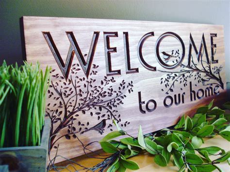 Carved Wooden Welcome Sign Nature Inspired Bird And Tree