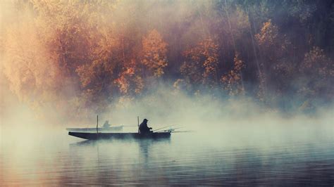 507025 Nature Landscape Trees Water Lake Boat Mist Morning Fisherman