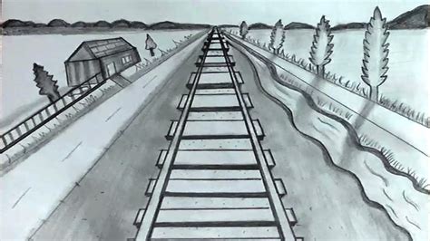 A Pencil Drawing Of A Train Track Going Down The Road With Trees On