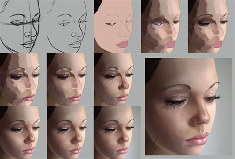 In secrets to drawing realistic faces, the author isolates individual features for detailed examination. Digital Painting Photoshop Process Technique Realistic Portrait Skin Tones and Blending ...