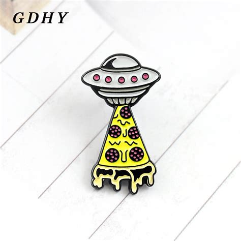 Gdhy Ufo Space Ship Yellow Pizza Brooch Enamel Pin Mysterious Space Universe Outer Spaceship