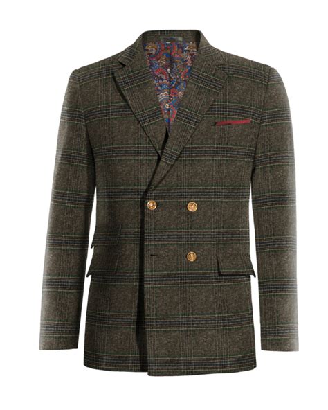 Brown Checkered Tweed Double Breasted Suit Jacket With Pocket Square