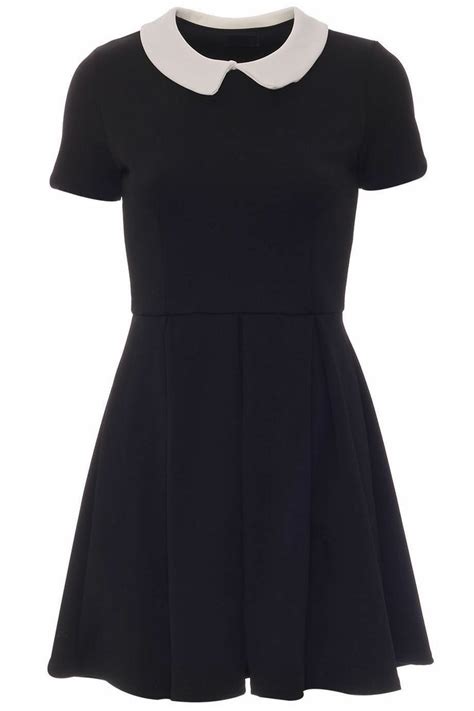 Womens Short Sleeve Black Pleated Skater Block Shift Peter Pan Collar