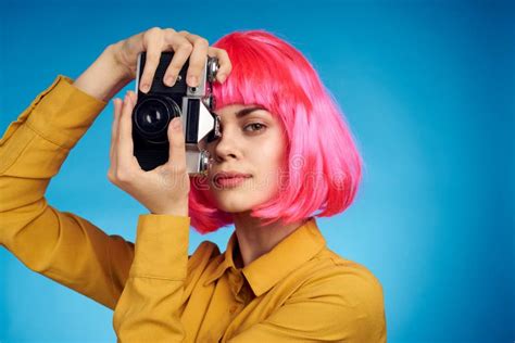 Pretty Woman With Pink Hair Photographer With Camera Creative Profession Stock Image Image Of