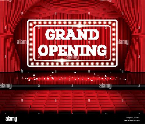 Grand Opening Open Red Curtains With Neon Lights Vector Illustration