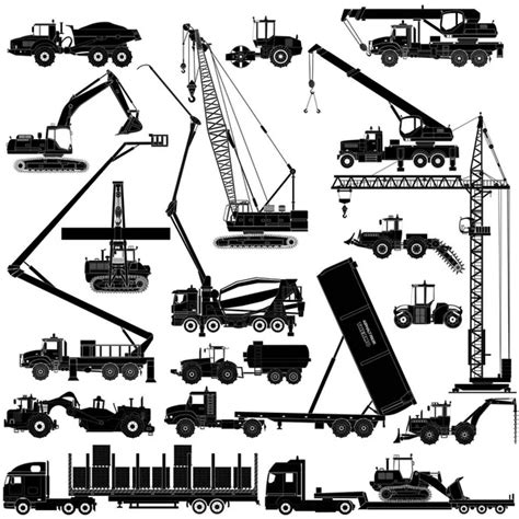 Set Of Heavy Construction Machines Silhouettes Icons Isolated Stock