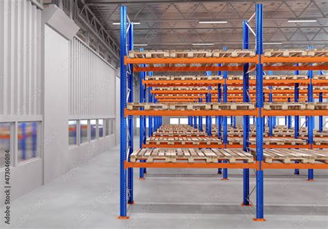 Warehouse Hangar Warehouse Room With Empty Shelves Multi Tiered Blue