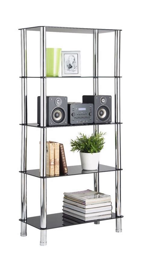 Chrome and glass bathroom shelving unit. VonHaus 5 Tier Black Glass Shelving Unit Bookcase Bathroom ...