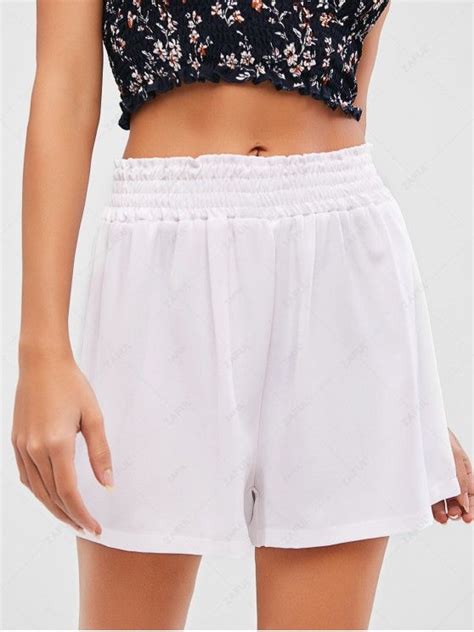 26 Off 2021 Zaful Solid Smocked High Waisted Shorts In White Zaful