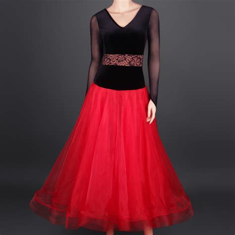 2016 New Women Ballroom Dance Dress 1piece Black Lace Backless Top Red