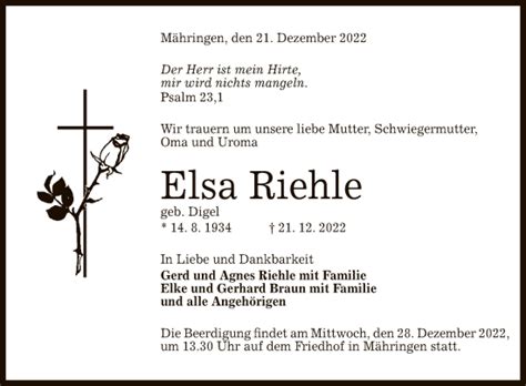 Traueranzeigen Von Elsa Riehle Trauer Gea De