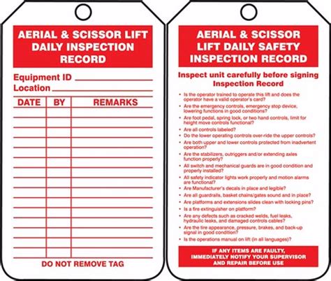 Aerial And Scissor Lift Daily Inspection Record Scaffold Status Safety
