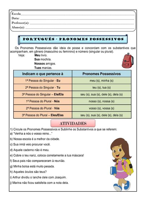 Língua Portuguesa pronomes possessivos Atividade de língua portuguesa