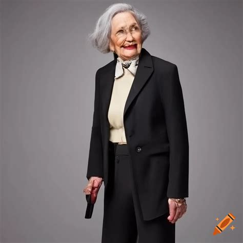 Elegant Elderly Woman In Plaid Wool Outfit