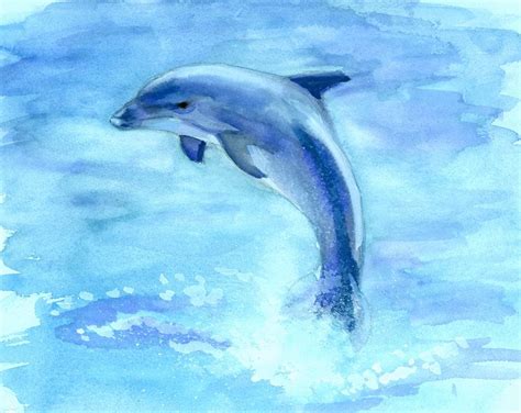 A Watercolor Painting Of A Dolphin Jumping Out Of The Water With Its