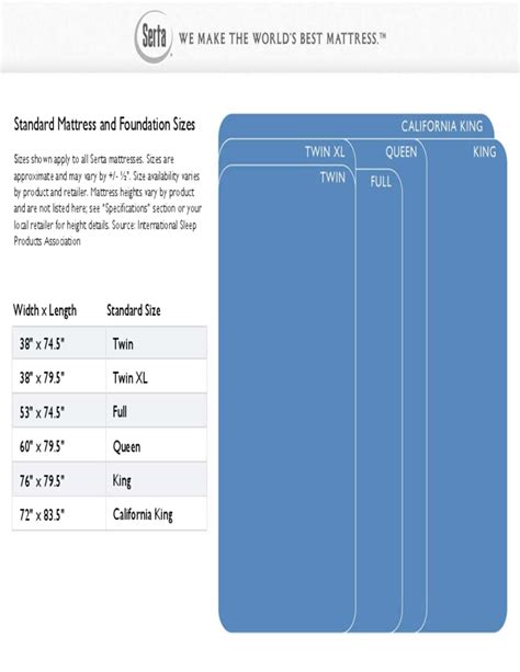This mattress has a thick serta foam core to ensure support. Sample Mattress Size Chart Free Download