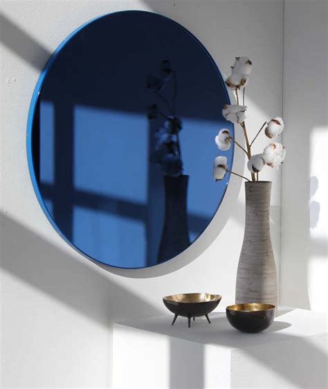 Orbis Blue Tinted Bespoke Round Contemporary Mirror With A Blue Frame