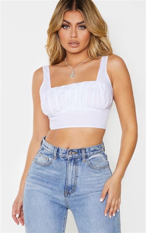 White Woven Ruched Bust Crop Top Tops Prettylittlething Qa