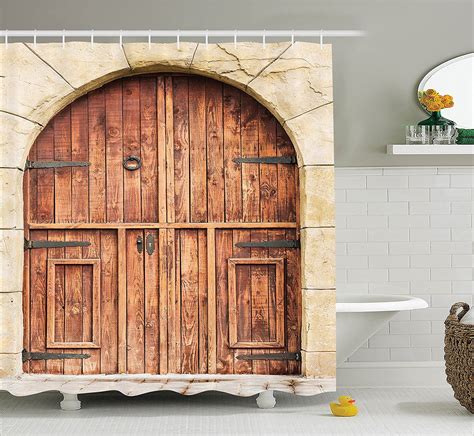 Rustic Decor Shower Curtain Set By Traditional Oak Crafted Doorway On