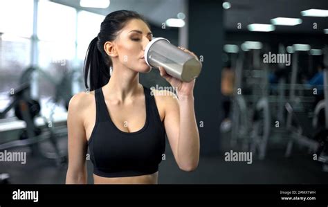 Sporty Woman Drinking Protein Shake After Workout Muscle Gain Nutrition Health Stock Photo Alamy