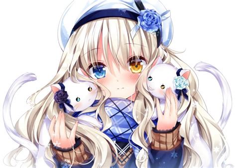 Wallpaper Anime Girl Bicolored Eyes Cats Blonde Cute