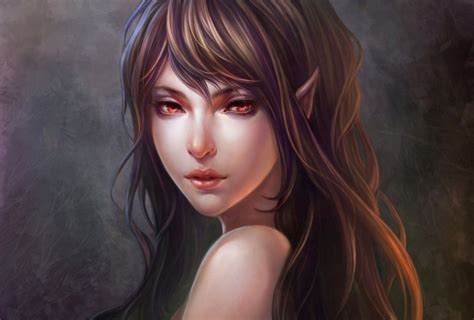 Wallpaper Fantasy Girl Elf Brunette Red Eyes Face Portrait Long Hair