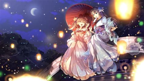 Wallpaper Anime Girls Kimono Lanterns Smiling Umbrella Night