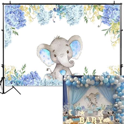 Boy Elephant Baby Shower Backdrop Light Blue Flower Elephant