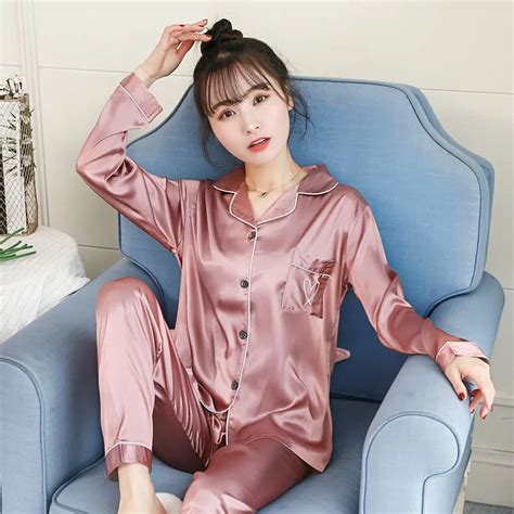Women Pyjamas 2019 Spring Autumn Pajamas Silk Print Sweet Women Sleepwear Set Girl Nightgown