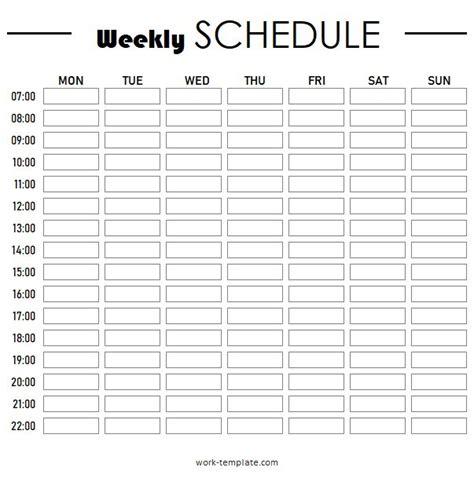 Blank Weekly Schedule Template With Hours From Monday To Sunday Print