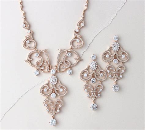 Rose Gold Cubic Zirconia Statement Necklace And Earring Set Olivia