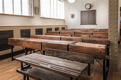 Victorian Classroom And Wooden Desks With Ink Pots In The Radstock