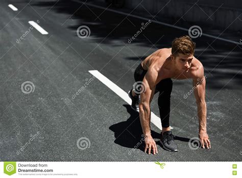 Sprinter Man On Start Ready To Run Outdoors Running Sports Stock