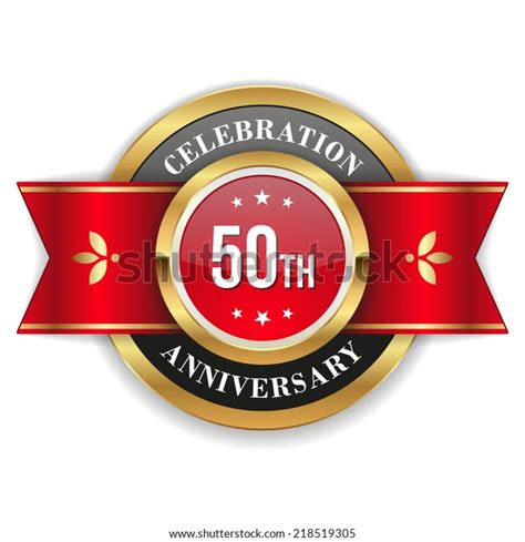 Gold 50th Anniversary Badge Red Ribbon Stock Vector Royalty Free