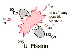 Typically, when uranium 235 nucleus undergoes fission, the nucleus splits into two smaller nuclei (triple fission can also rarely occur), along with a few neutrons (the average is 2.43 neutrons per fission by thermal neutron) and release of energy in the form of heat and gamma rays. Nuclear Fission