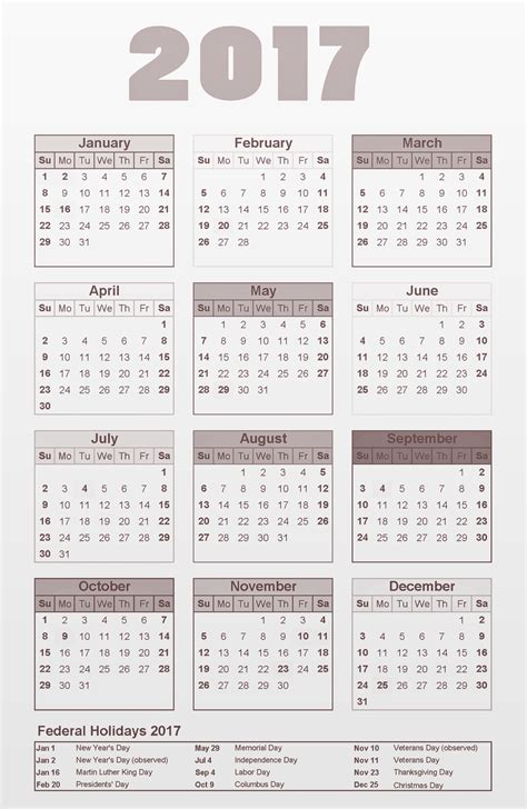 2017 Calendar With Federal Holidays Printable Calendar Templates