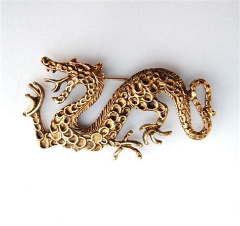 Vintage Chinese Dragon Brooch Pin Large Gold Dragon Pin Good Etsy