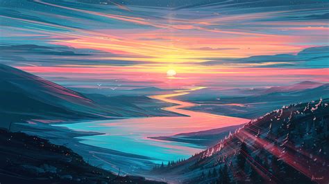Sunset Scenery River Digital Art K Pc Hd Wallpaper
