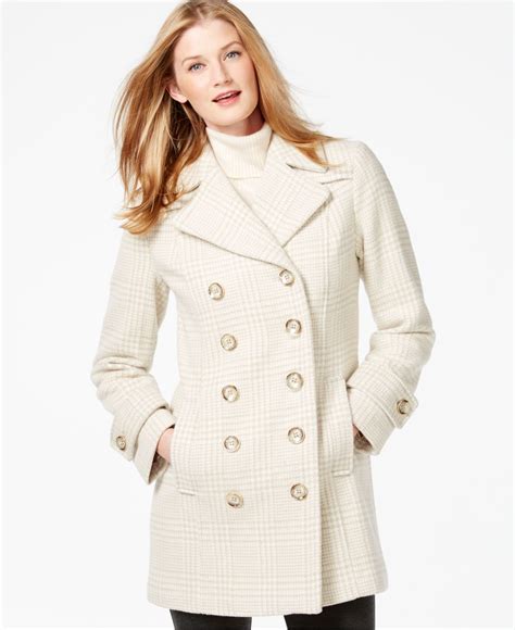 Ivanka Trump Double Breasted Plaid Peacoat In White Lyst